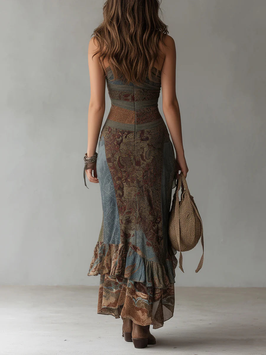 Elena ∙ Long, one-shoulder asymmetrical dress with an ethnic print and high slit