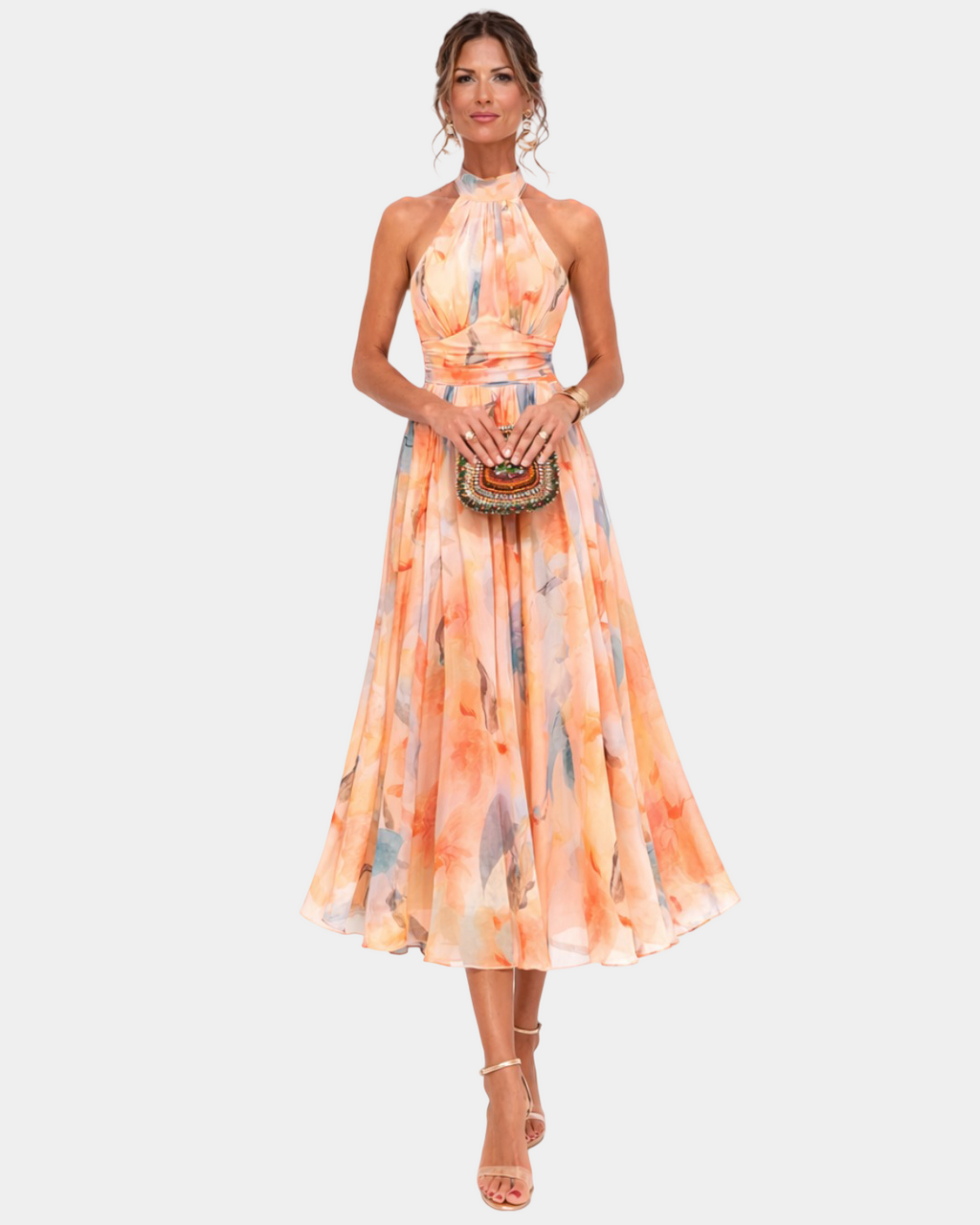 Louna | Robe à Col Halter et Imprimé Aquarelle