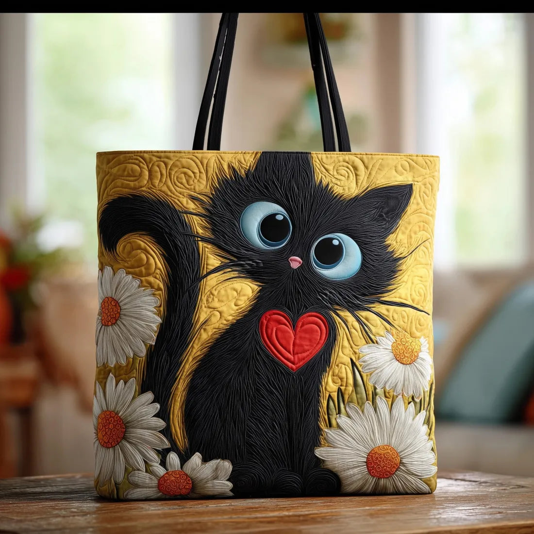 Handcrafted Black Cat Heart & Daisy Tote Bag